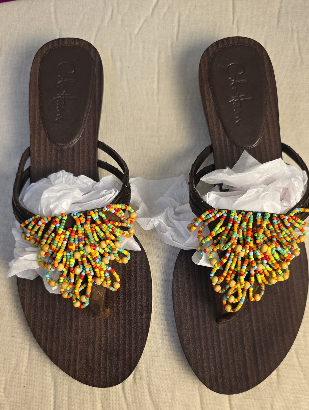 Cole Haan Brown Sandal with Multicolor Beaded Fringe